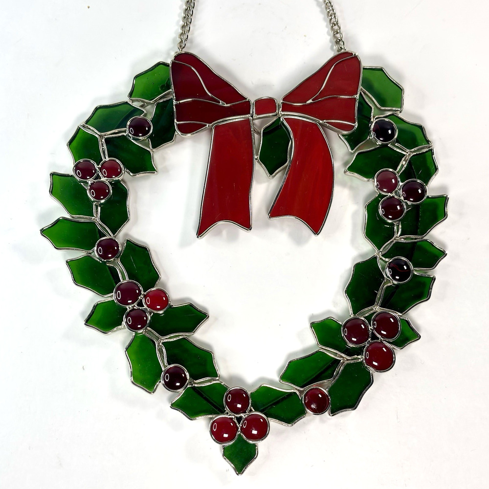 Stained Glass Christmas Holly Berry Wreath w Bow 9” Hanging Window Suncatcher